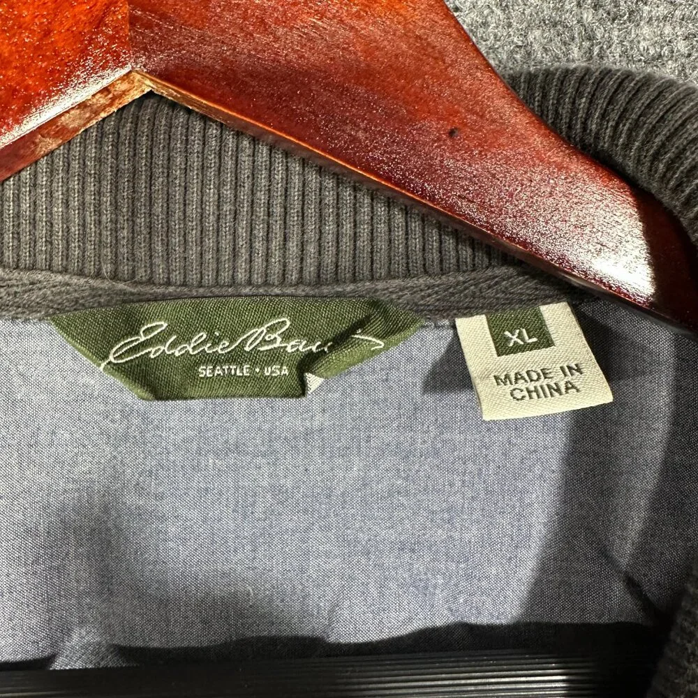 Eddie Bauer Sweater Mens XL 1/4 Zip Gray Cotton Ribbed Knit Pullover Long Sleeve
